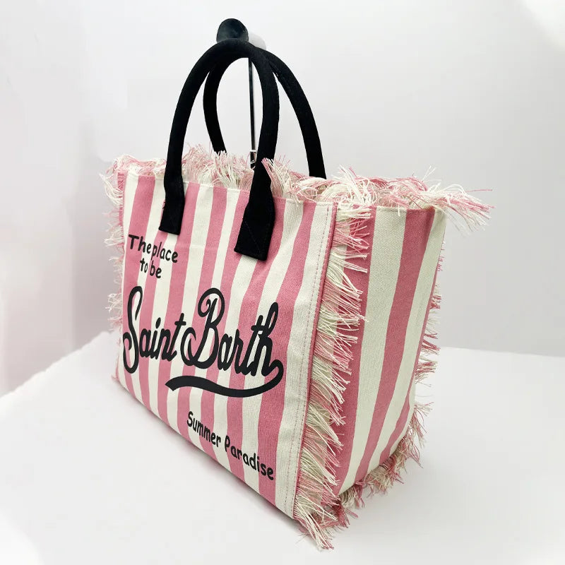 SAINT BARTH Autumn Winter Plush Towel Bag – Women’s Large Capacity Striped Casual Handbag with Tassel