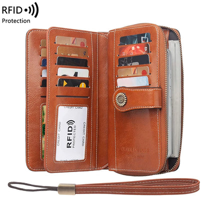 RFID Anti-Theft Retro Large Capacity Women's Wallet – Multi-Card Zipper Wallet with Wrist Strap