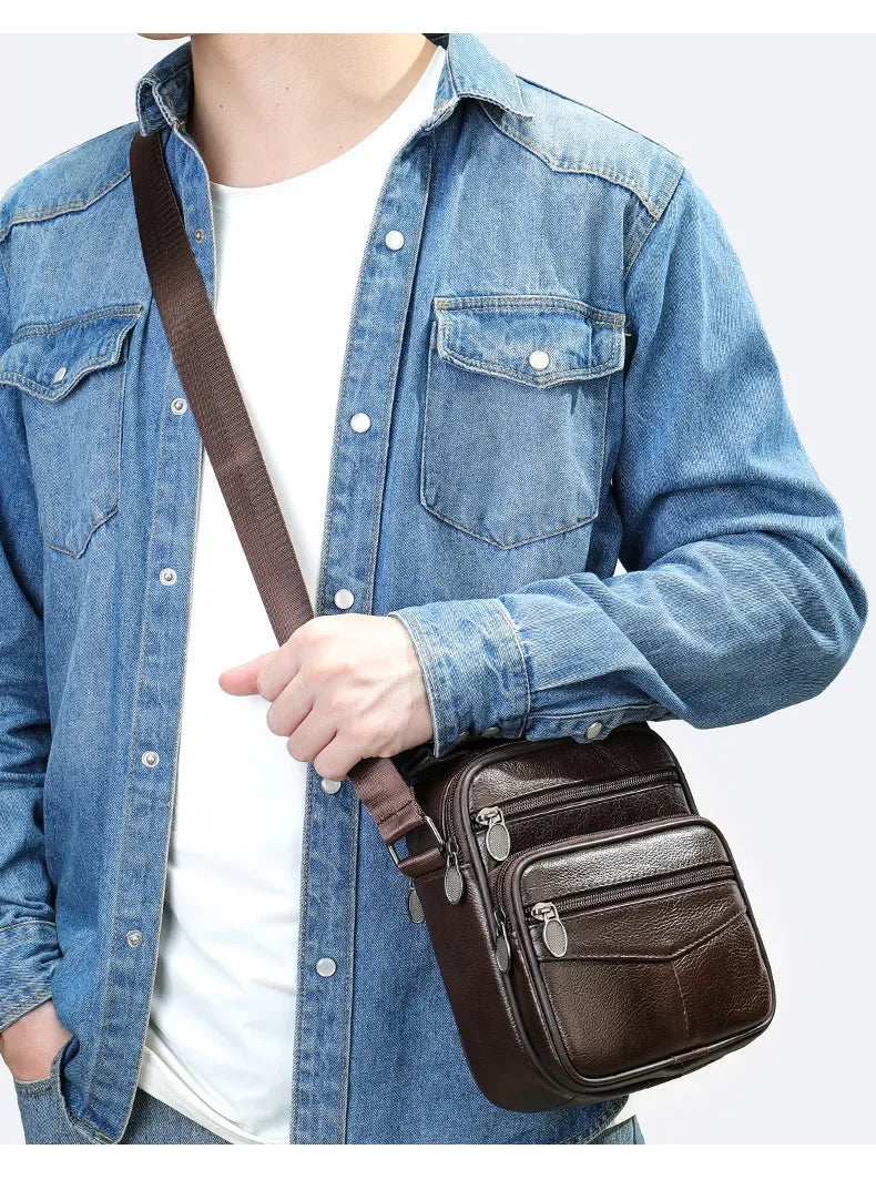Men’s Genuine Leather Crossbody Bag – Small Outdoor Casual Bag for Motorcycle and Daily Use