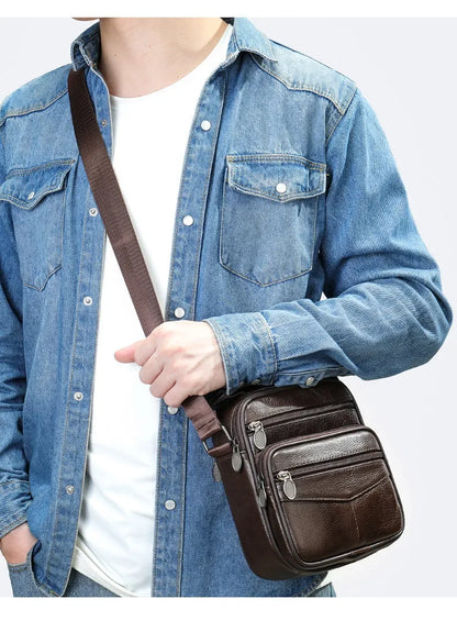Men’s Genuine Leather Crossbody Bag – Small Outdoor Casual Bag for Motorcycle and Daily Use