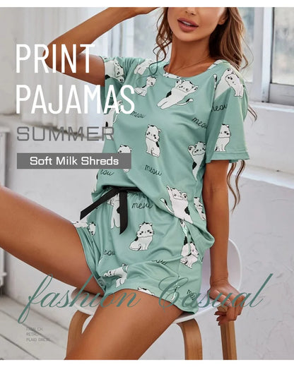 Women's 2-Piece Pajamas Set – Short Sleeve Cartoon Print Top and Pants Sleepwear Loungewear