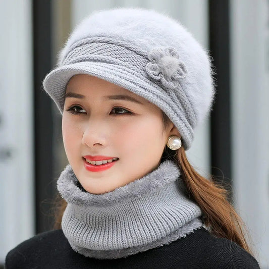 Women's Winter Hat and Scarf Set - Faux Fur Lined Knitted Cap with Flower Detail for Warmth and Style