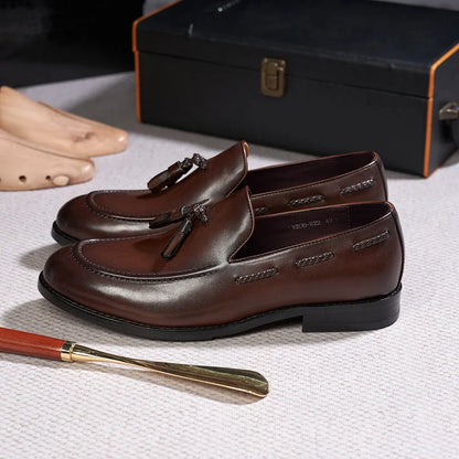 Men’s Genuine Leather Tassel Loafers - Handmade Slip-On Casual Dress Shoes for Office Wedding and Daily Wear