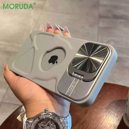 Fashion Logo Hole Magnetic Case for iPhone 11-15 Pro Max Plus - Lens Protection, Flip Bracket, MagSafe Silicone Soft Cover