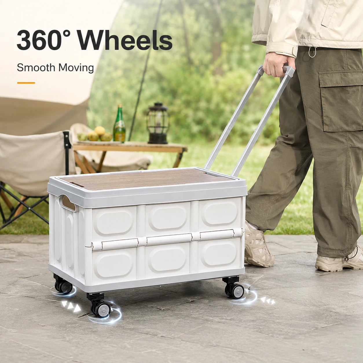 Foldable Storage Box with Wheels - Camping Gear Organizer with Wooden Lid for Car Trunk & Outdoor Use