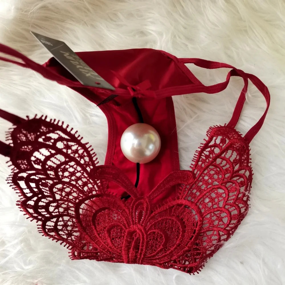 Women’s Lace Embroidered Thong Panties – Beaded Faux Pearl Design T-Back G-String Underwear, Hollow Out Sexy Lingerie Intimates