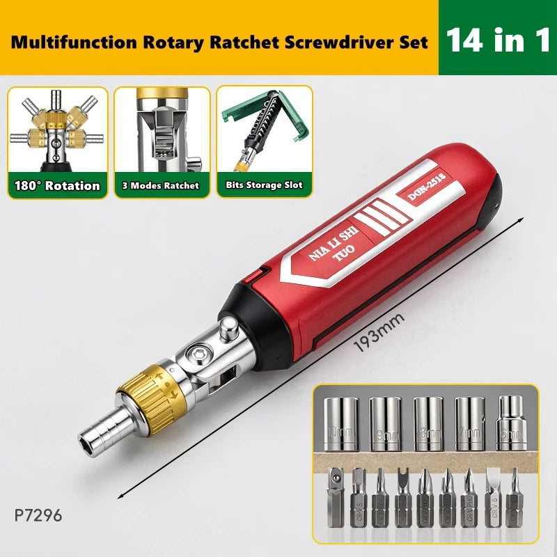 14-in-1 Rotary Ratchet Screwdriver Set - Magnetic Torx & Phillips Bits for Motor Repair and DIY Projects
