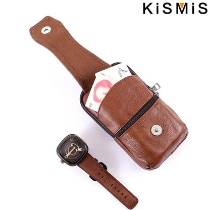 KISMIS Men’s Leather Waist Bag – Multifunction Fanny Pack with Large Capacity and Shoulder Strap
