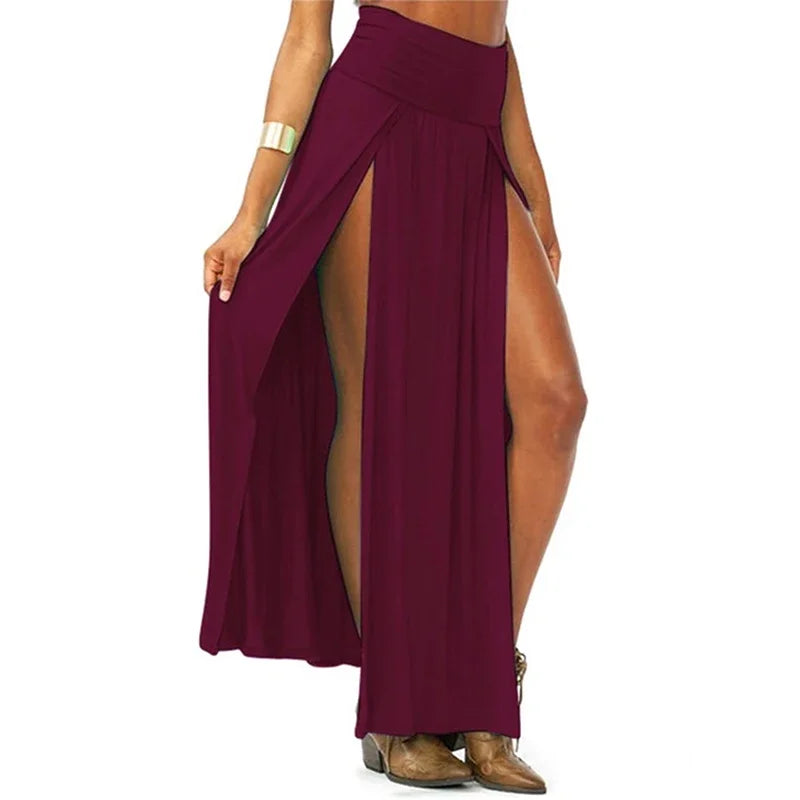 Women’s High Waisted Double Slit Maxi Skirt – Sexy Solid Color Long Summer Skirt Elegant Fashion Casual Wear Valentine’s Day Gift Style