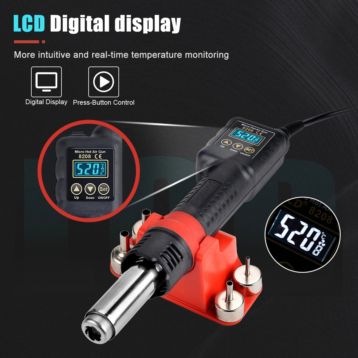 JCD Micro Hot Air Gun 8208 – 750W Soldering & Welding Rework Station, LCD Display All-in-One Heat Gun for BGA & IC Soldering