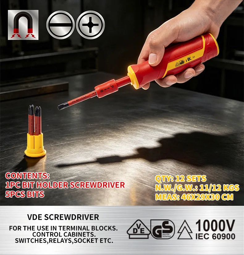 6-in-1 VDE Insulated Screwdriver Set - Quick-Change Slotted & Phillips Bit Kit