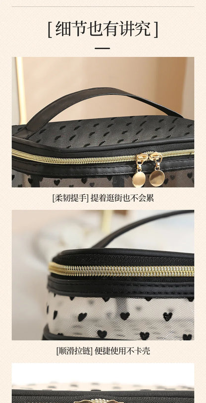 Double-Layer Black Mesh Cosmetic Bag – Large Capacity Travel Makeup Case Organizer with Zipper Toiletry Pouch