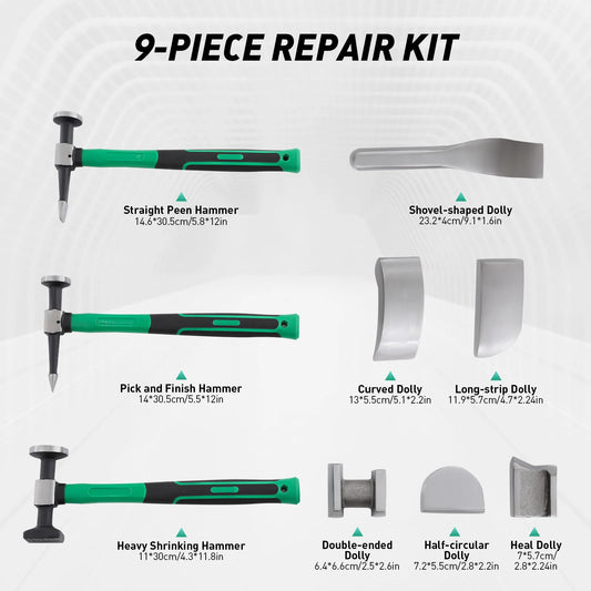 9PCS Car Dent Repair Tool Kit – 45# Steel Hammer & Lining Irons Set for Auto Body Repair, Motorcycle & Sheet Metal Fixing