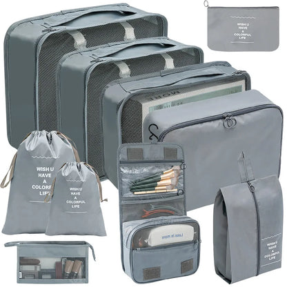 7/8/9/10-Piece Travel Organizer Storage Bags Set - Portable Wardrobe Packing Cubes for Suitcase, Luggage, Clothes, Shoes, Pouch Foldable Design