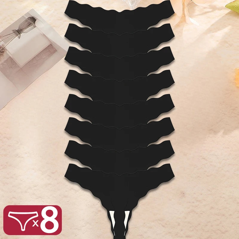 8Pcs Women’s Seamless G-String Panties - Ice Silk Elastic Thong Underwear Set for Comfort & Everyday Wear