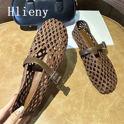 Hlieny Women’s Summer Mesh Flats – Hollow Weave Round Toe Loafers with Buckle Strap, Casual Mary Jane Mules Sandals