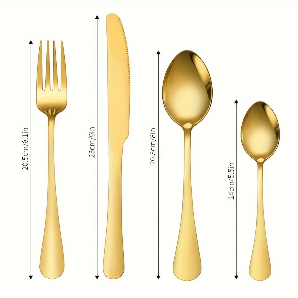 24-Piece Stainless Steel Black Flatware Set — Elegant Knife, Fork & Spoon Cutlery with Mirror Polish, Gold Accents, Dishwasher Safe