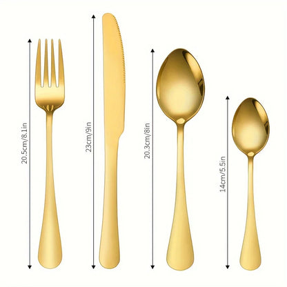 24-Piece Stainless Steel Black Flatware Set — Elegant Knife, Fork & Spoon Cutlery with Mirror Polish, Gold Accents, Dishwasher Safe