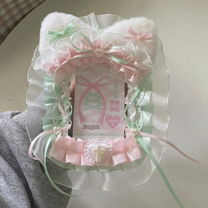 Kawaii Plush Photocard Holder - Lolita Lace Ribbon Idol Photo Display Case