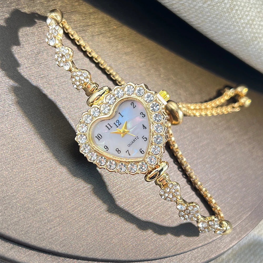 Women's Heart Ribbon Diamond Flower Watch - Fashion Adjustable Bracelet Wristwatch with Elegant Design