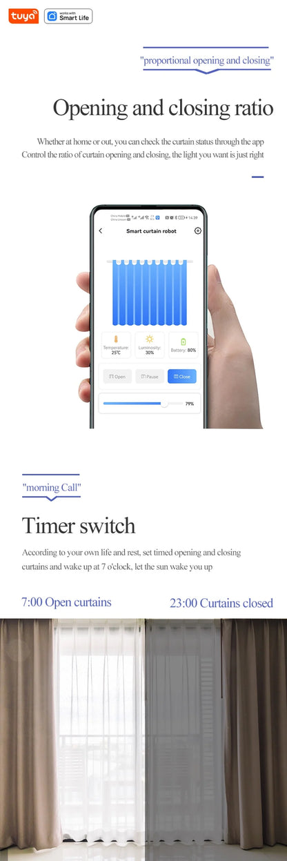 Tuya Smart Curtain Robot – Roman Rod Track with APP Control, Single/Double, Compatible with Tuya Gateway for Remote Control