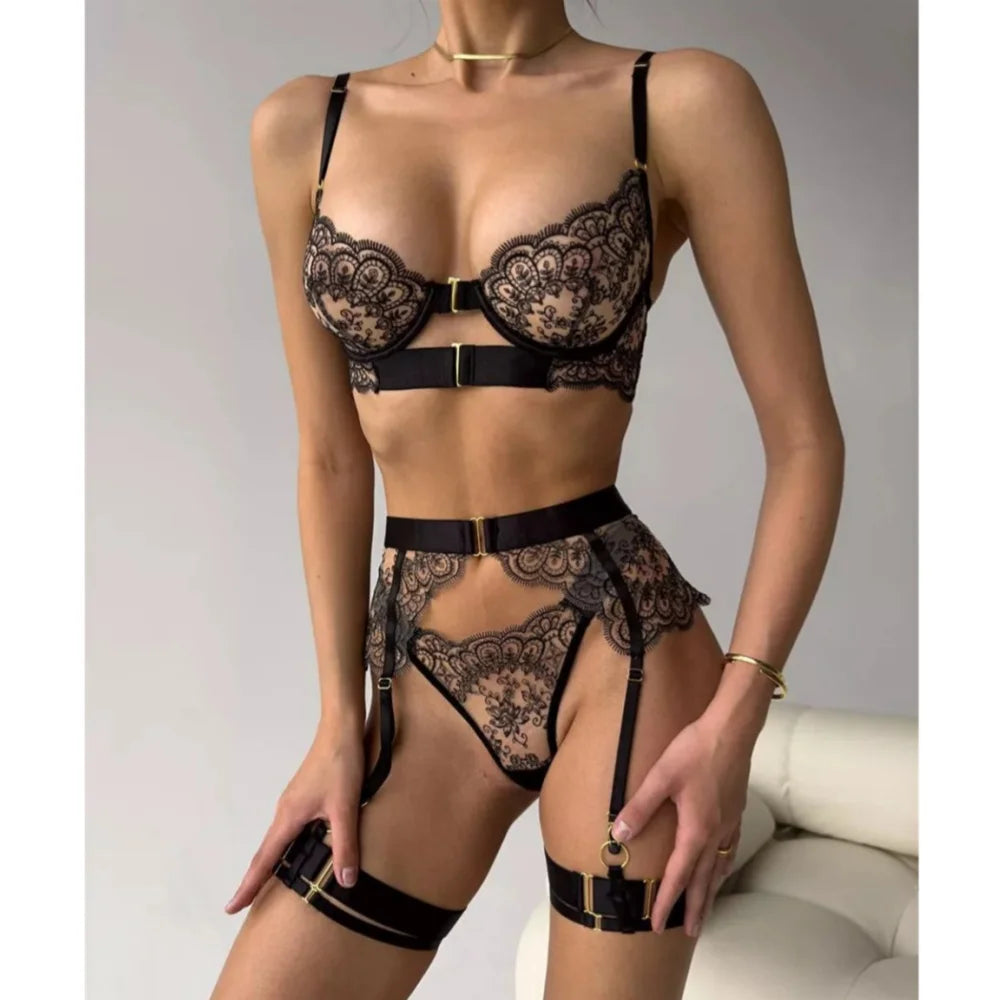 Krasapt Luxury Black Flower Embroidery Lingerie – 4PC Mesh Bra, Thong & Garter Erotic Set