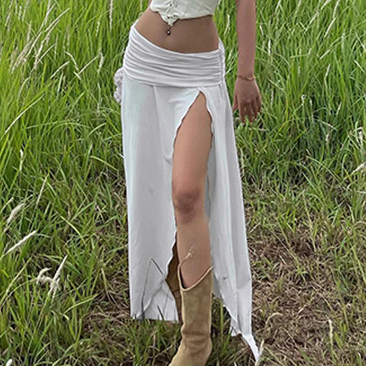 Fairycore Ruched Side Split Long Skirt – Women’s Low Waist Summer Beach Skirt, Solid Color Y2K Vintage Streetwear