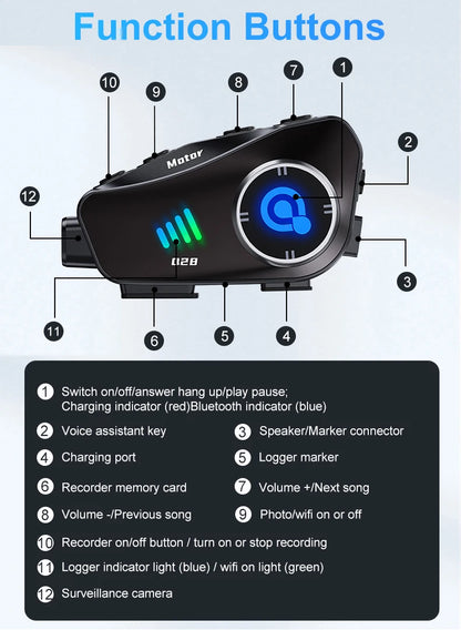 Q28 Motorcycle Helmet Bluetooth Headset — 1080P HD Wireless Camera with Super Wide-Angle Lens, WiFi, IP66 Waterproof Video Recorder