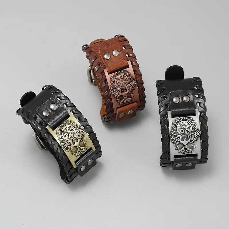 Trendy Viking Bracelet – Nordic Rune Compass & God Bird Charm Leather Woven Jewelry for Men, Fashion Accessory & Party Gift