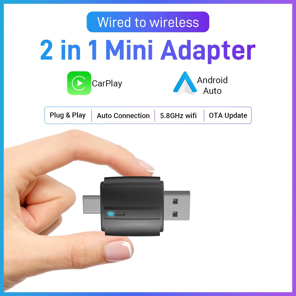 XUDA 2025 2-in-1 Wireless CarPlay & Android Auto Mini Box — Smart Plug & Play Adapter with Bluetooth & Fast WiFi Connect