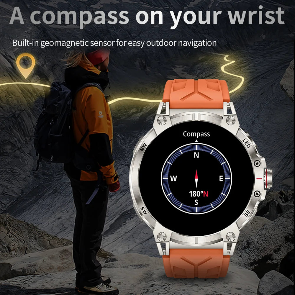 Military Smartwatch for Men – 760mAh Battery, LED Flashlight, Compass, 1.8" HD Screen, Heart Rate, Waterproof, BT Call