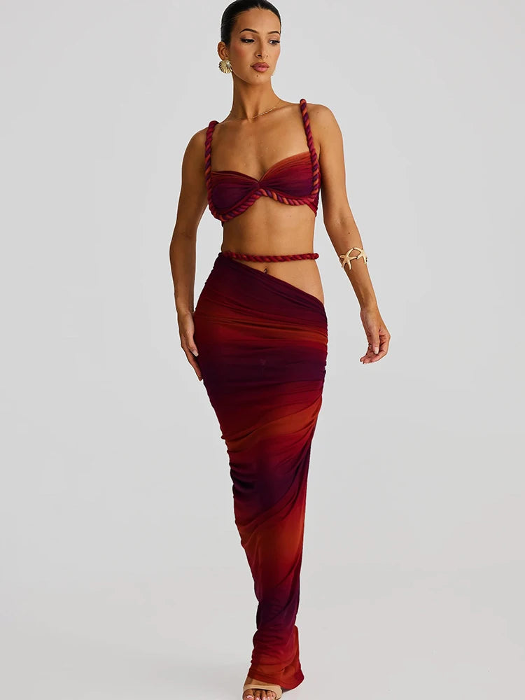 Women’s Woven Two-Piece Vacation Set – Pleated Crop Camisole & High Waist Maxi Skirt Sexy Summer Outfit Matching Set