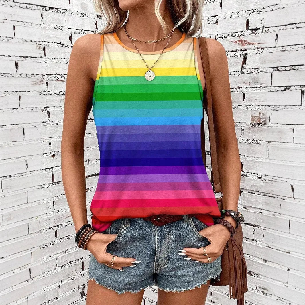 Women’s Fashion Stripe 3D Print Tank Top – Summer Casual O-Neck Off-Shoulder Y2K Sleeveless Camisole Vest