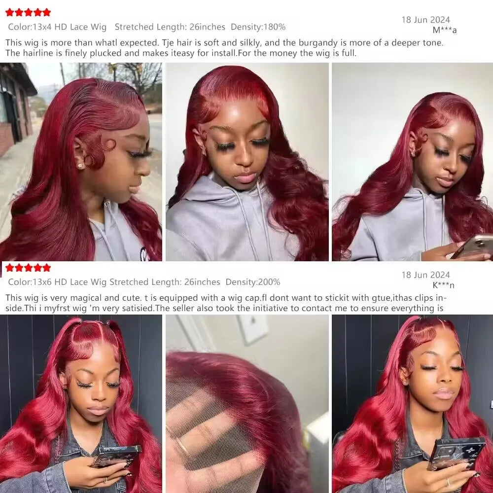 Burgundy 99J Body Wave Wig – 13x4/13x6 HD Lace Front, Pre-Plucked Human Hair Red Colored Wig
