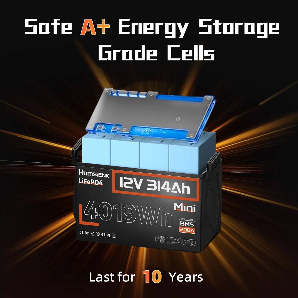 Humsienk 12V 314Ah LiFePO4 Battery - 4019Wh Deep Cycle Power with 200A BMS for RV, Camper, Cabin & Solar Energy Storage
