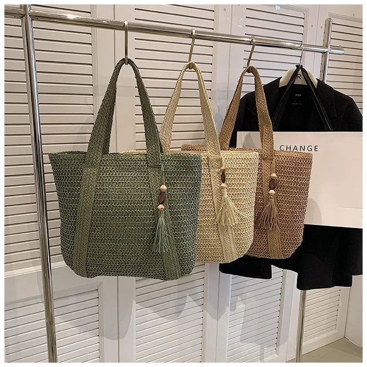 Elegant Straw Woven Handbag – Women’s Retro Beach & Casual Tote Top-Handle Shoulder Bag 2024