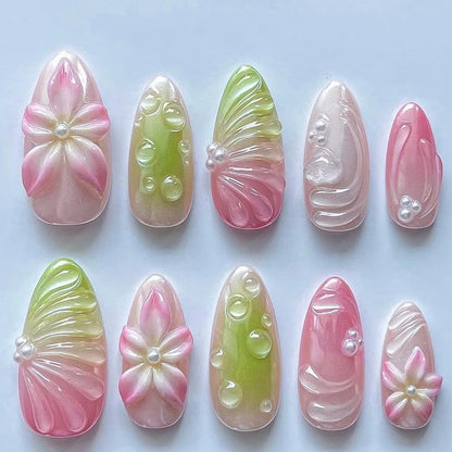 24PCS Strawberry Bow Press On Nails - Red Short Almond Pearl Starlight Floral False Nail Art Tips