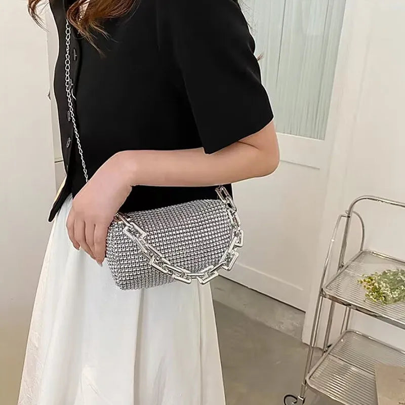 Allover Rhinestone Bucket Bag – Glitter Chain Prom Purse, Women's Mini Crossbody Bag (6.3 x 3.54 Inches)