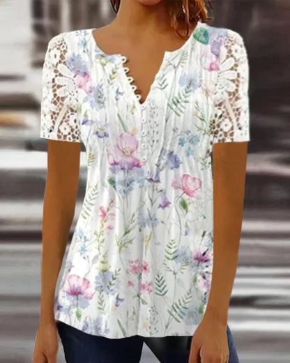 Women’s Summer Floral Lace V-Neck Blouse – Loose Fit Short Sleeve Casual Elegant Printed Fashion Shirt for Spring & Summer Wear
