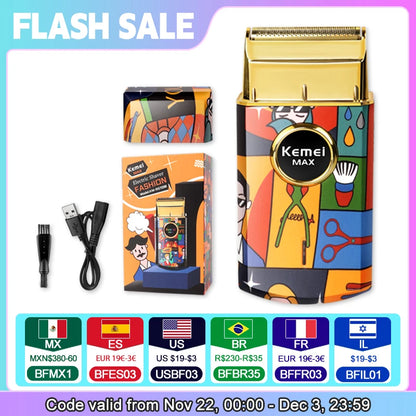 Kemei KM-RS7098 Titanium Double Foil Electric Shaver - Professional Barber Razor with Graffiti Pattern for Men