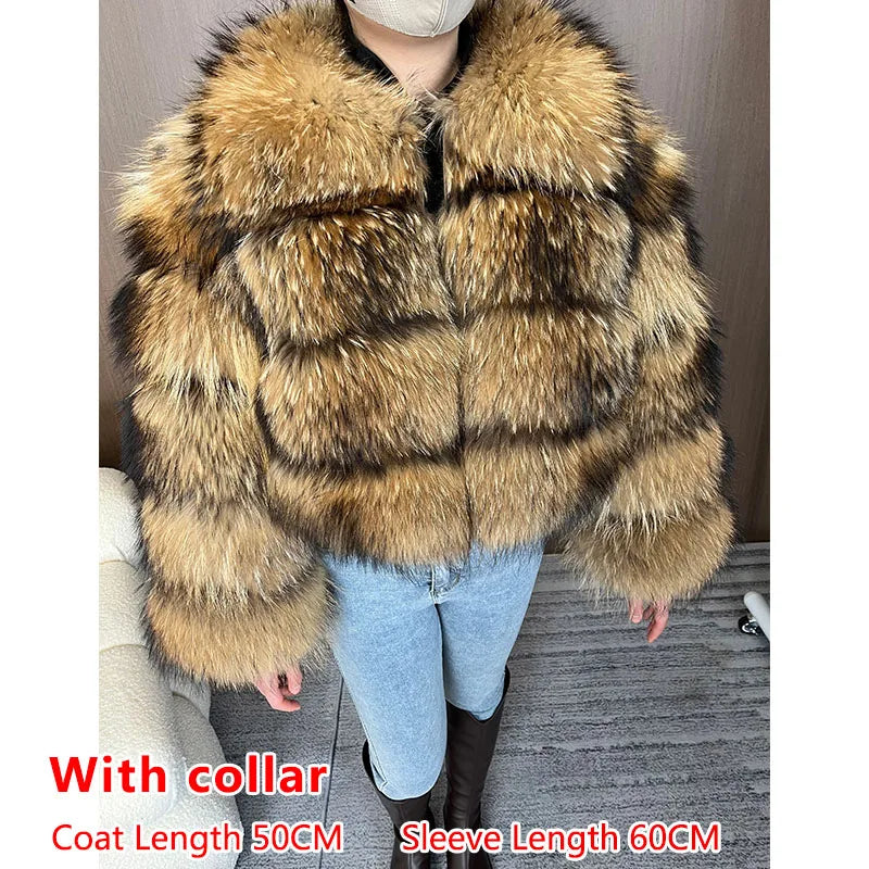 2025 Maomaokong Women’s Real Fur Coat – Natural Raccoon & Fox Fur Jacket with Hood, Warm Winter Outerwear