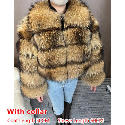 2025 Maomaokong Women’s Real Fur Coat – Natural Raccoon & Fox Fur Jacket with Hood, Warm Winter Outerwear