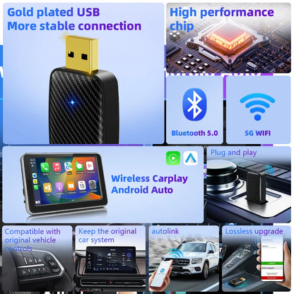 2 in 1 Wireless CarPlay and Android Auto Smart Dongle – Compatible with Volvo, Benz, Cadillac, Jeep, Lexus, Audi, Mazda, VW, Kia