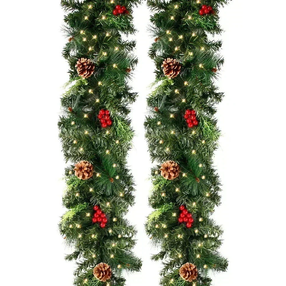 Christmas Garland Wreath with Pinecones & Red Berries – Artificial LED Rattan Decor for Tree, Stairs & Door