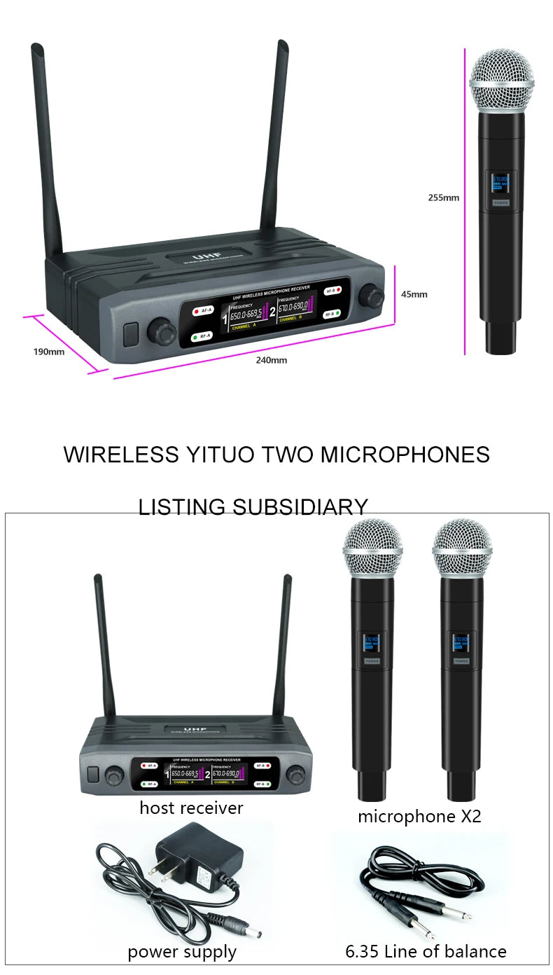 Wireless Handheld Microphone – Dual Channel UHF Dynamic Mic for Karaoke, Wedding, Party & Church Shows