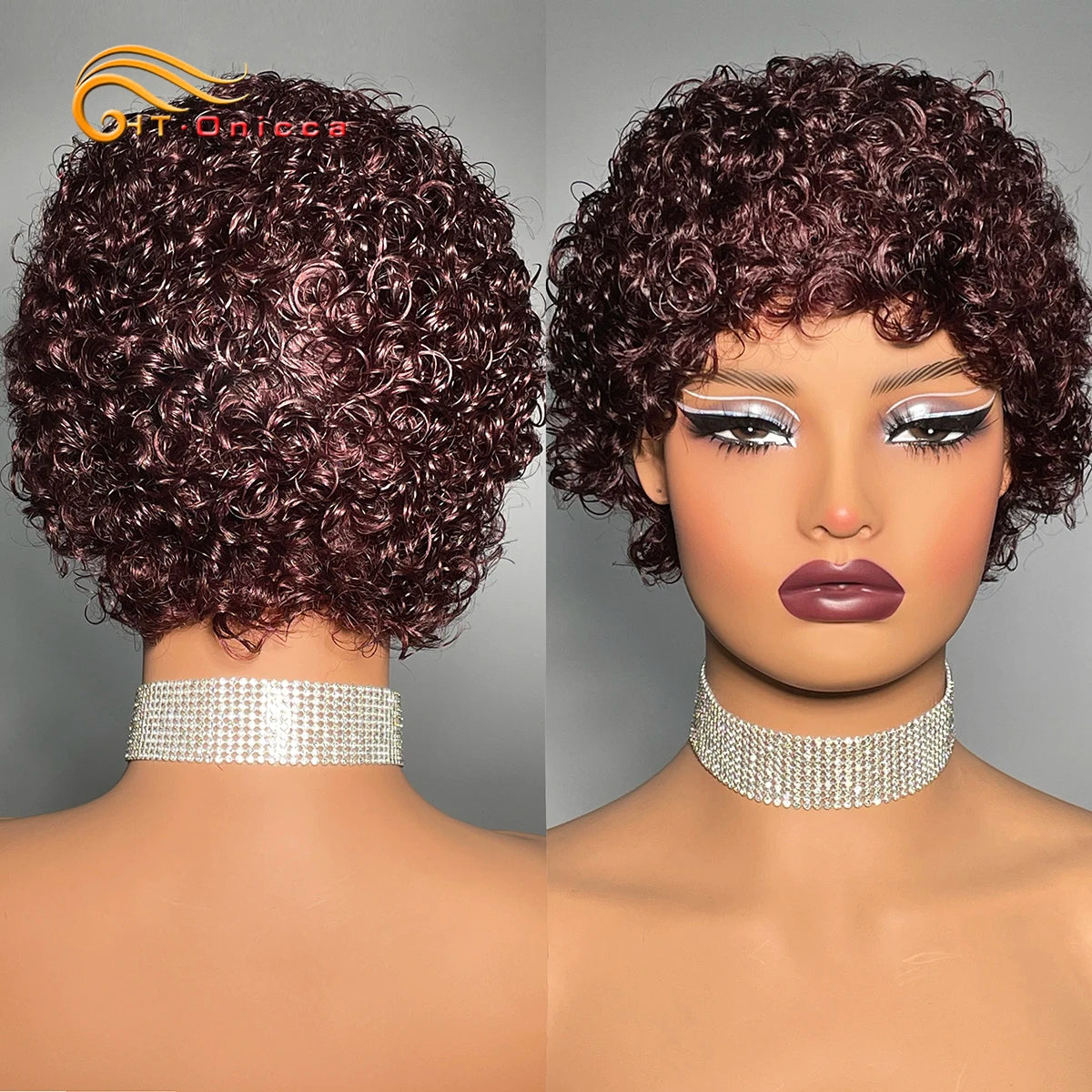 99J Short Curly Human Hair Wig - Full Machine-Made Kinky Curly Wig for Women
