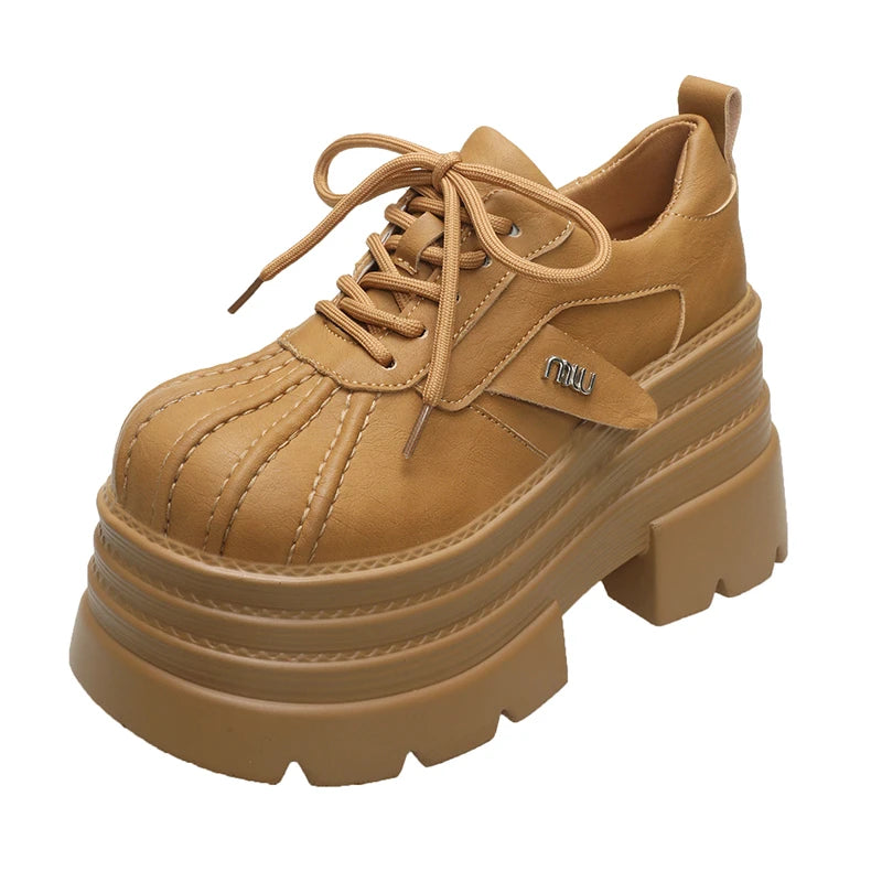 2025 Women’s Leather Sneakers – Spring High Platform Lace-Up Casual Shoes, 10CM Thick Sole Walking Zapatos Mujer