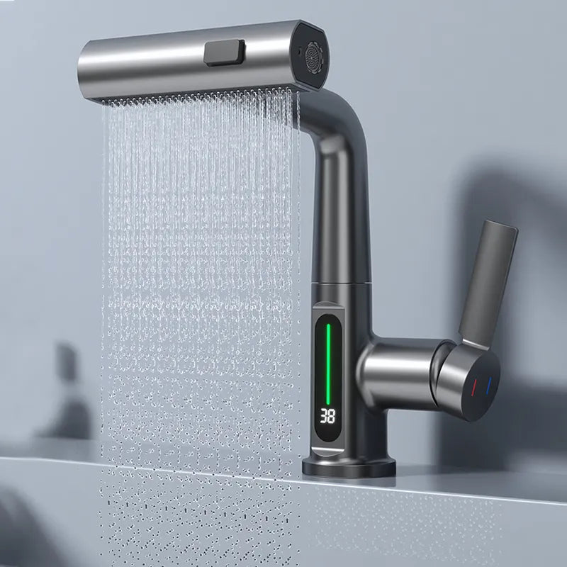 Waterfall Temperature Digital Display Basin Faucet | Lift Up Down Stream Sprayer | Hot Cold Water Sink Mixer Wash Tap | Bathroom Fixture