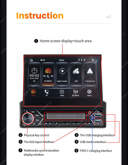 Carplay Android Auto 1 Din MP5 Player - 7 Inch Retractable Touch Screen, FM Radio, Mirror Link, Manual & Automatic Car Player