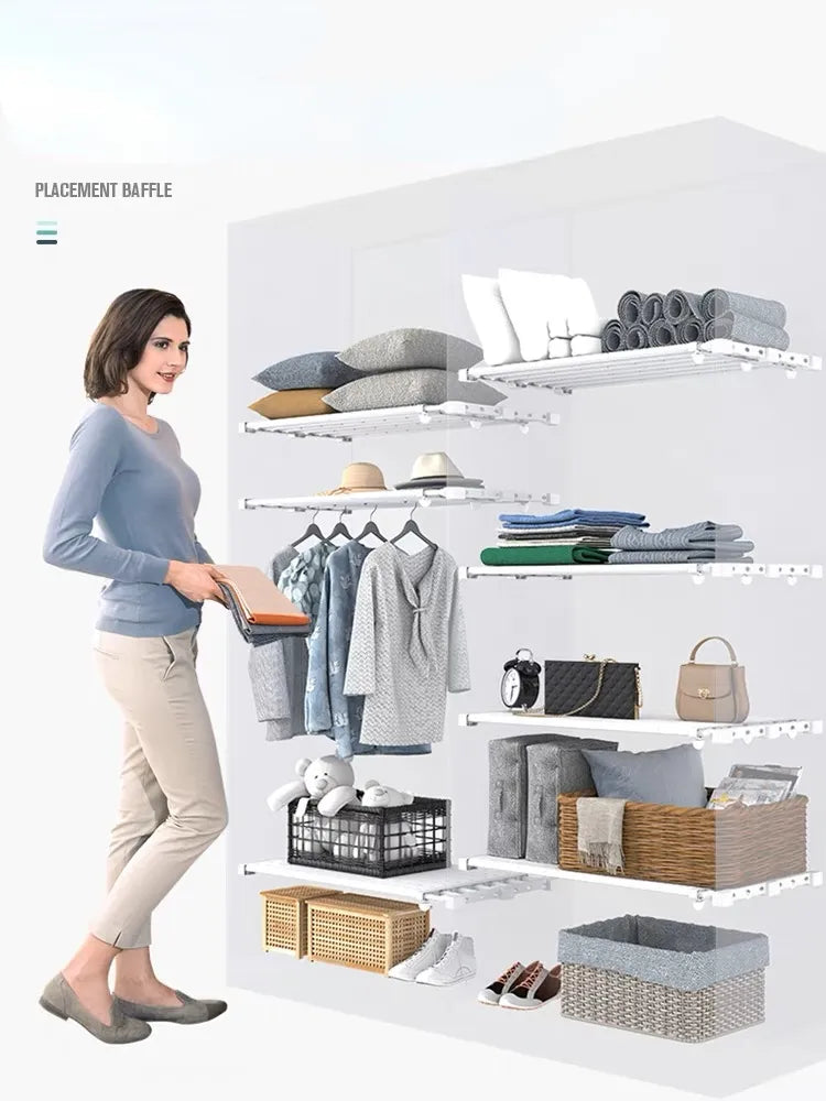White Expandable Divider - Adjustable Clothing Closet Shelf for Wardrobe, Kitchen, and Bathroom Storage, Punch-free Shelf Dividers